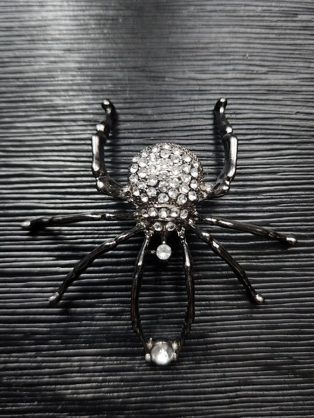 Large Gunmetal & Rhinestone Spider Brooch